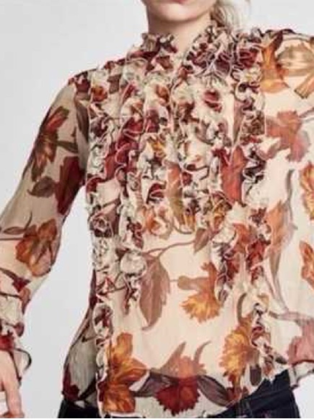 Zara Floral Sheer Ruffle Blouse - Cream and Brown Orange